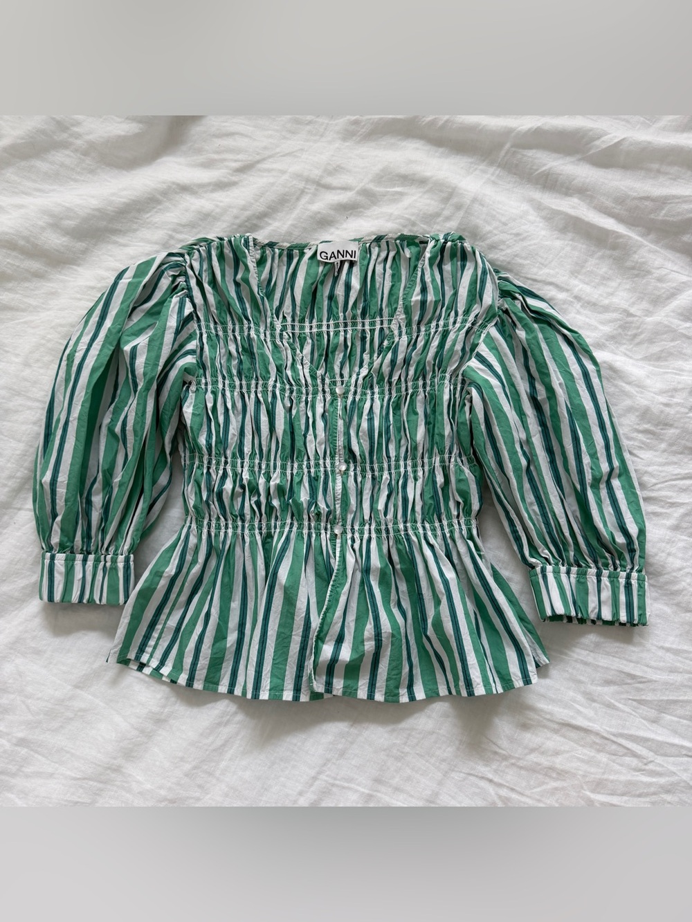 Ganni Green & White Striped Smocked Peplum puff Sleeve Blouse